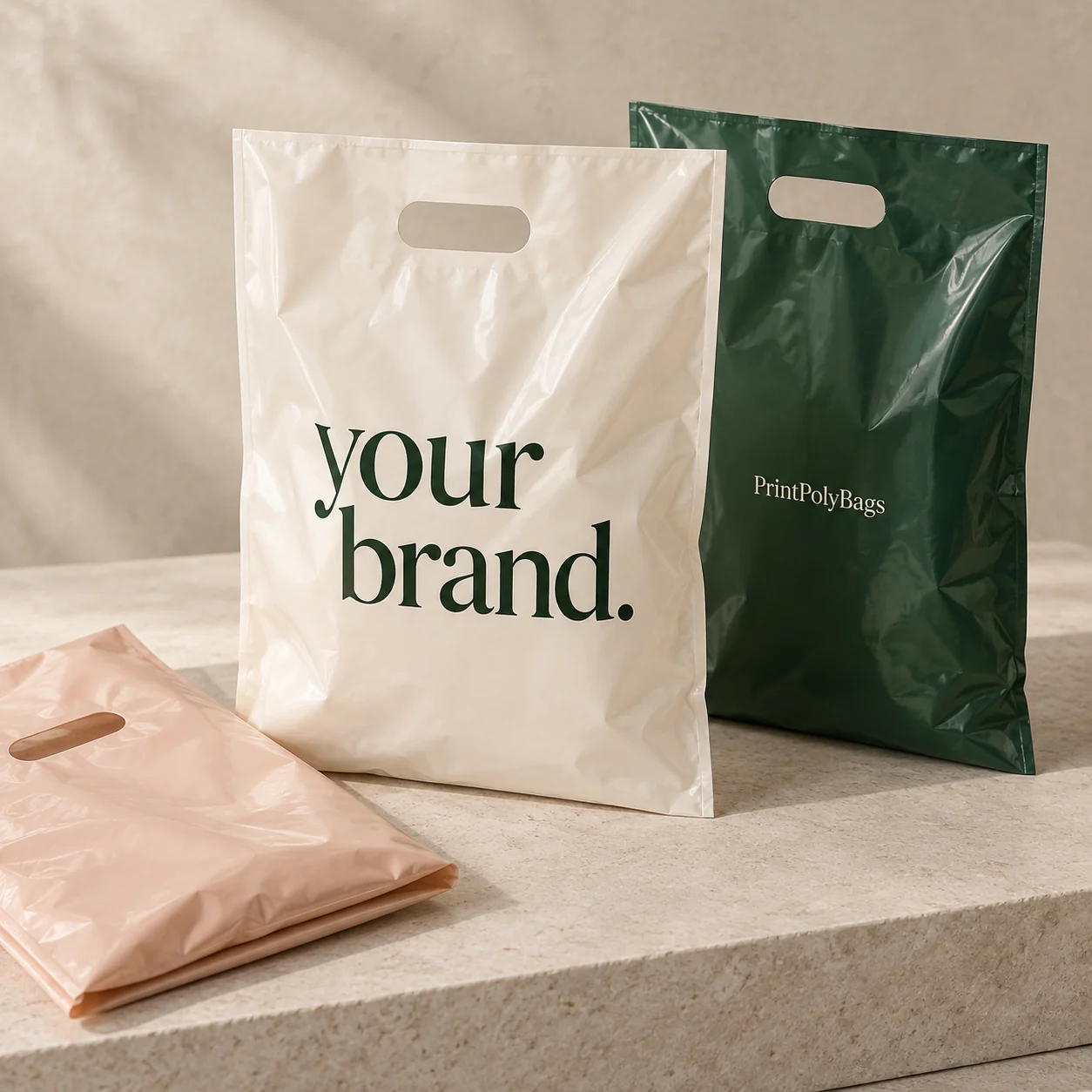 Custom print design concept showing rectangular plastic gift bags with oval handles